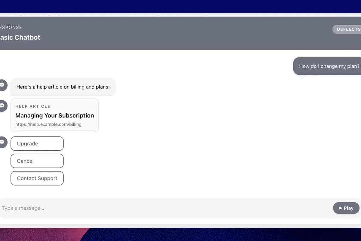 A chat interface showing a customer asking "How do I change my plan?" and receiving a help article link and a static menu with three options: Upgrade, Cancel, and Contact Support.