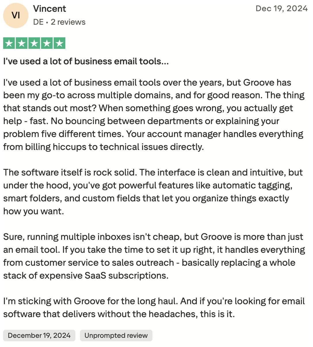 Groove HQ review on Trust Pilot. the customer loves that Groove is not buggy.