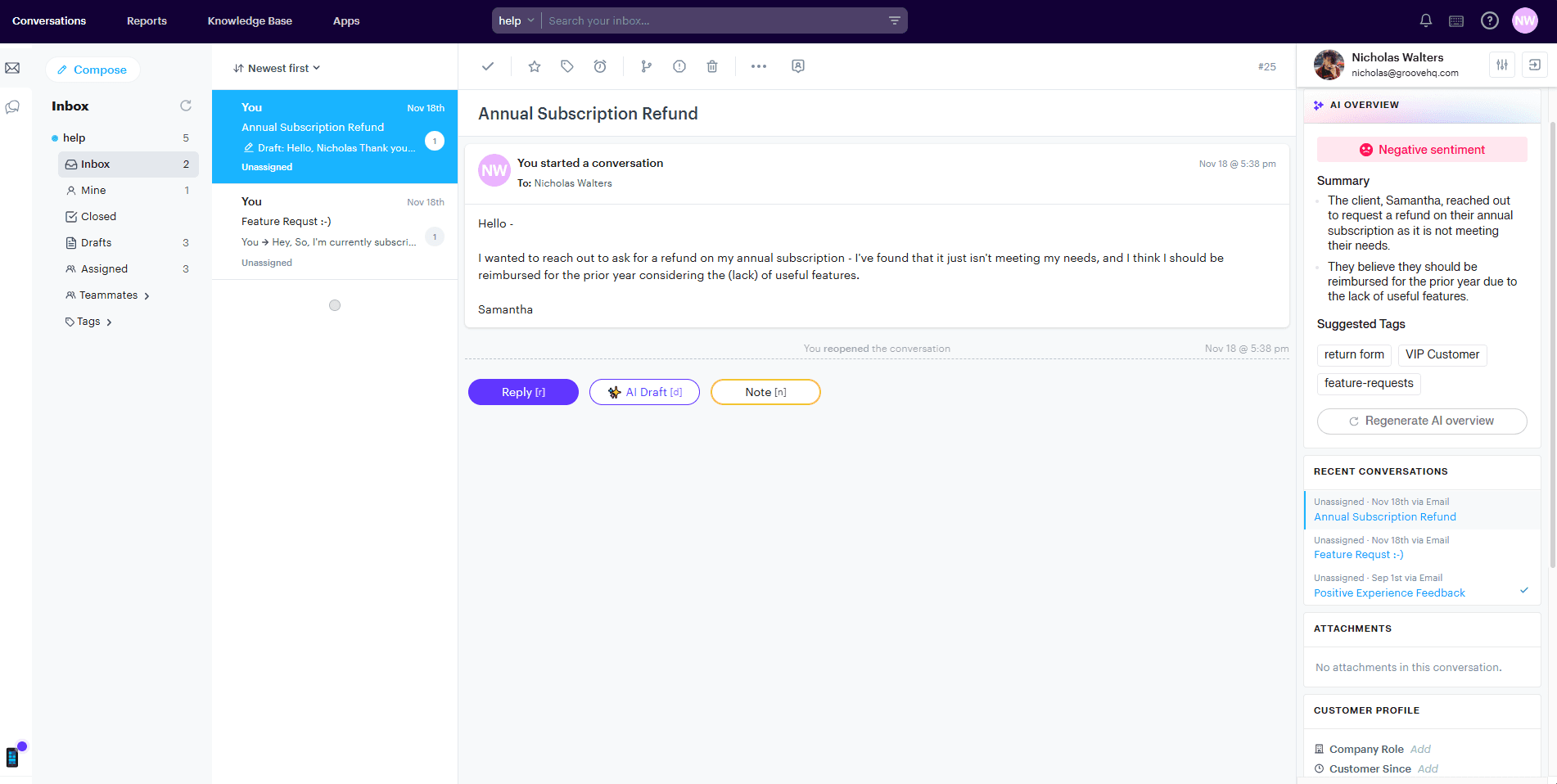 Customer inquiry within the Groove shared inbox.