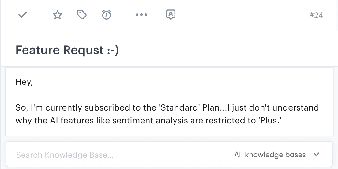 A customer inquiry received by email that can be used as an opportunity for support driven growth.