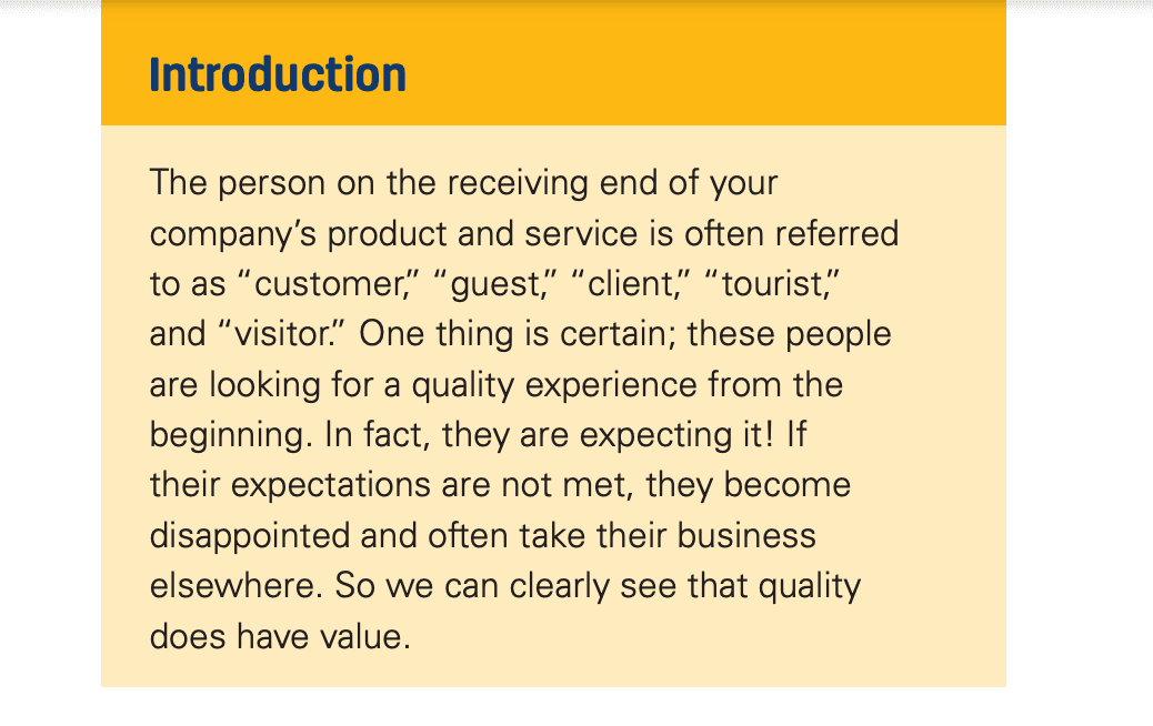 A value statement in a customer service training manual.