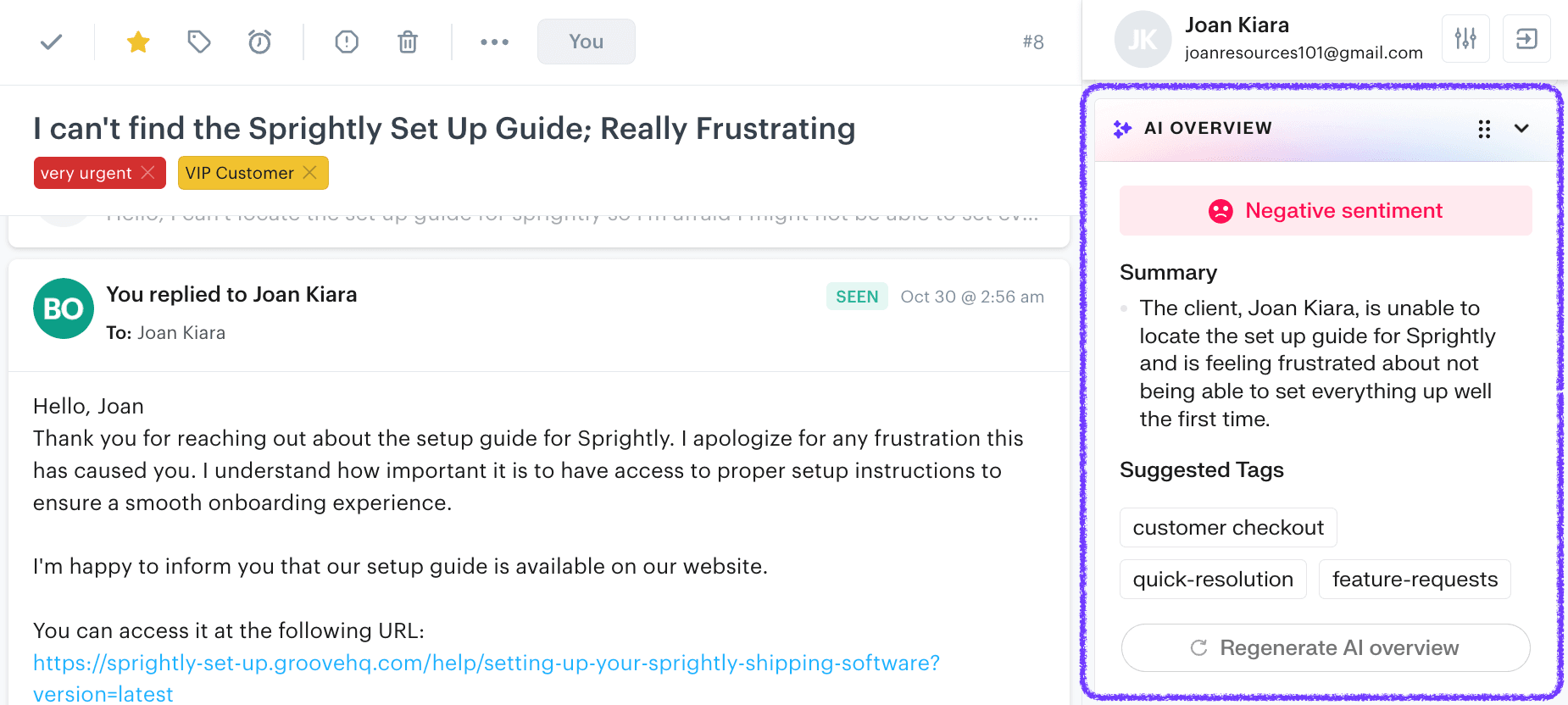 Customer email sentiment analysis in Groove