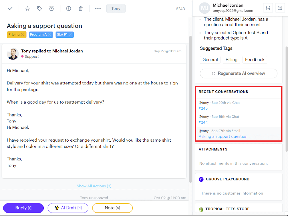Groove tracks recent conversations.