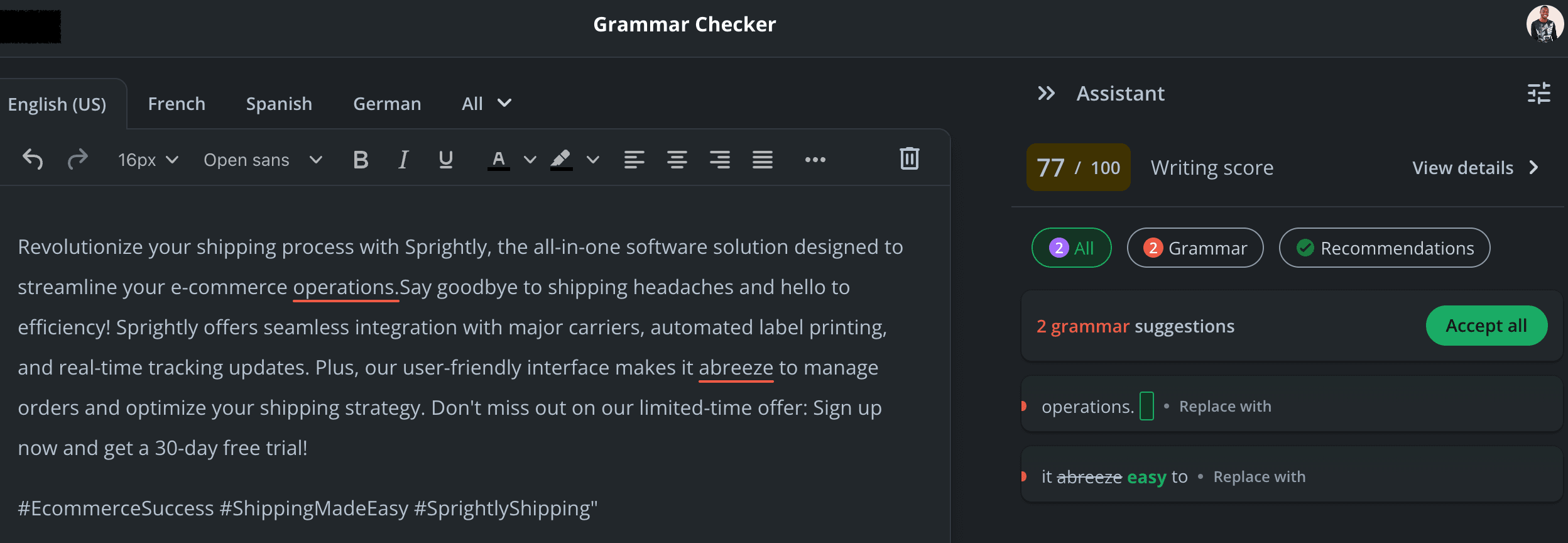 Screenshot of QuillBot's grammar checker feature for content