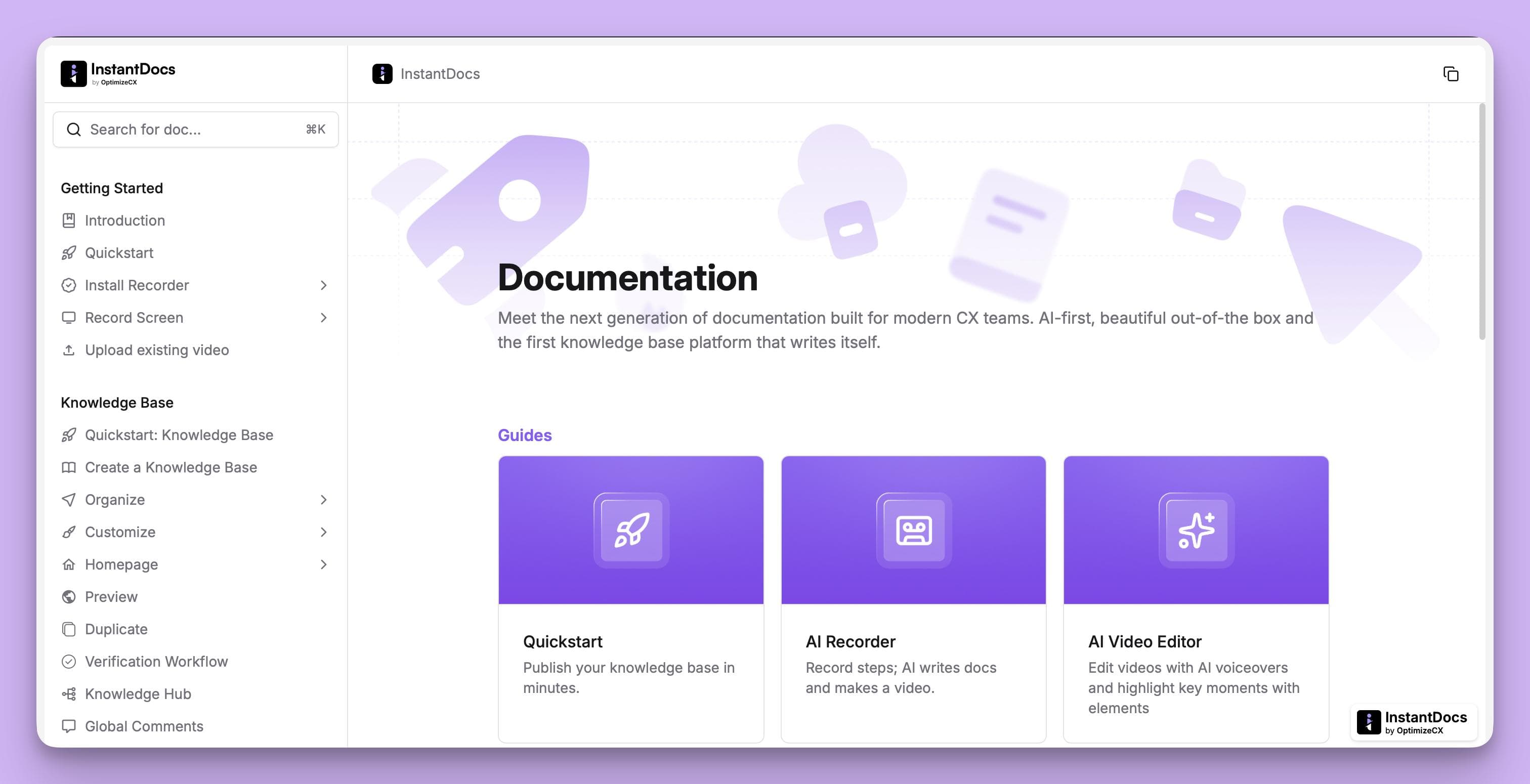 The documentation homepage of the InstantDocs AI knowledge base, featuring a navigation menu and guides for key features like the AI Recorder and Video Editor.