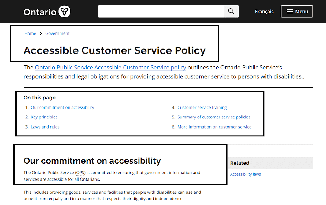 A customer service policy is often broken down into more readily digestible parts, containing principles and rules.