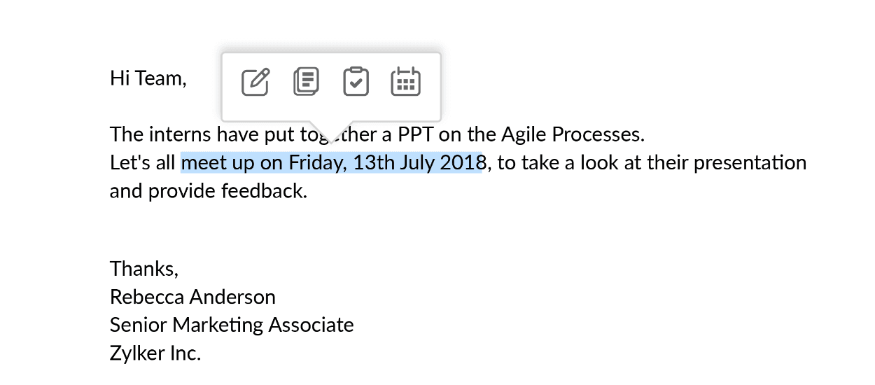 Zoho Mail lets you create meetings or tasks on the fly, pulling dates or information directly from within an email.