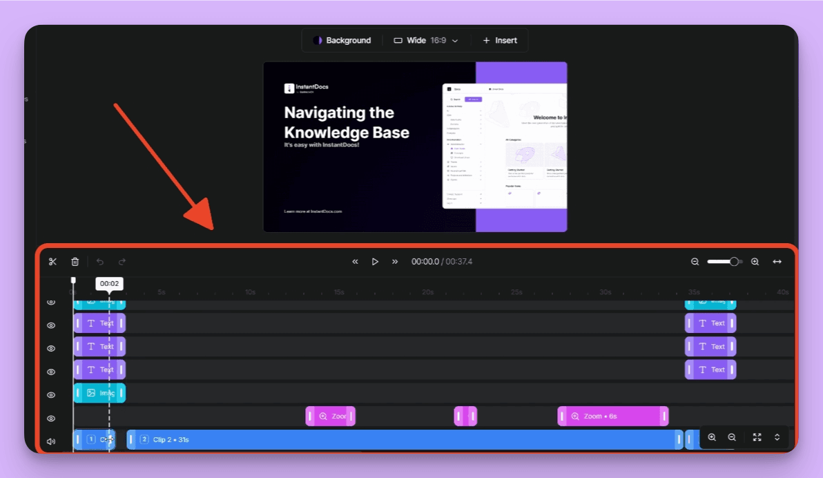The timeline-based video editor within the InstantDocs AI knowledge base, showing multiple tracks for creating a video tutorial titled "Navigating the Knowledge Base."