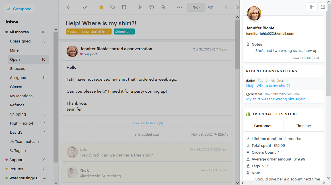 An example of a custom customer profile in the Groove dashboard.