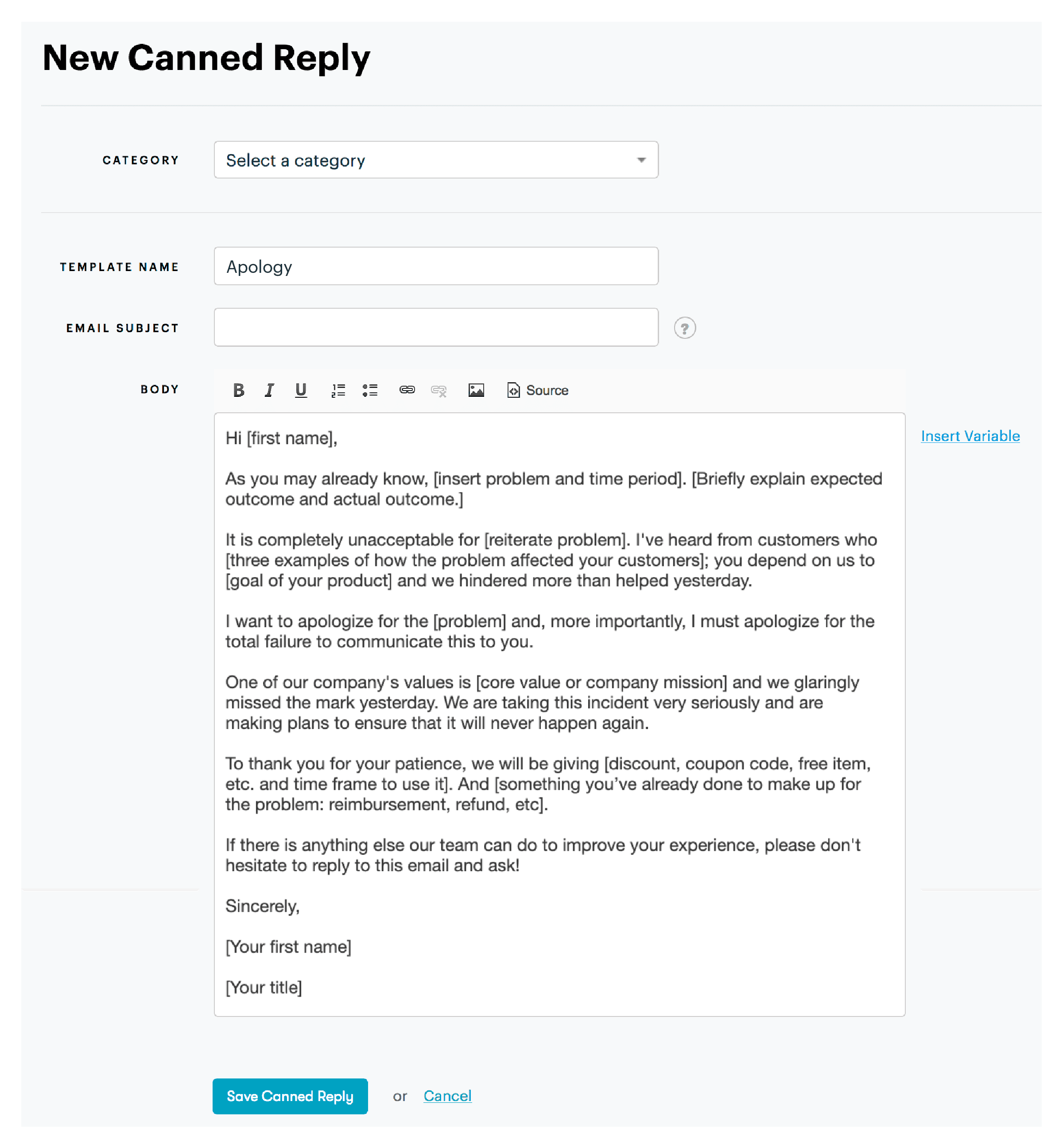 business apology email example for customer service canned reply