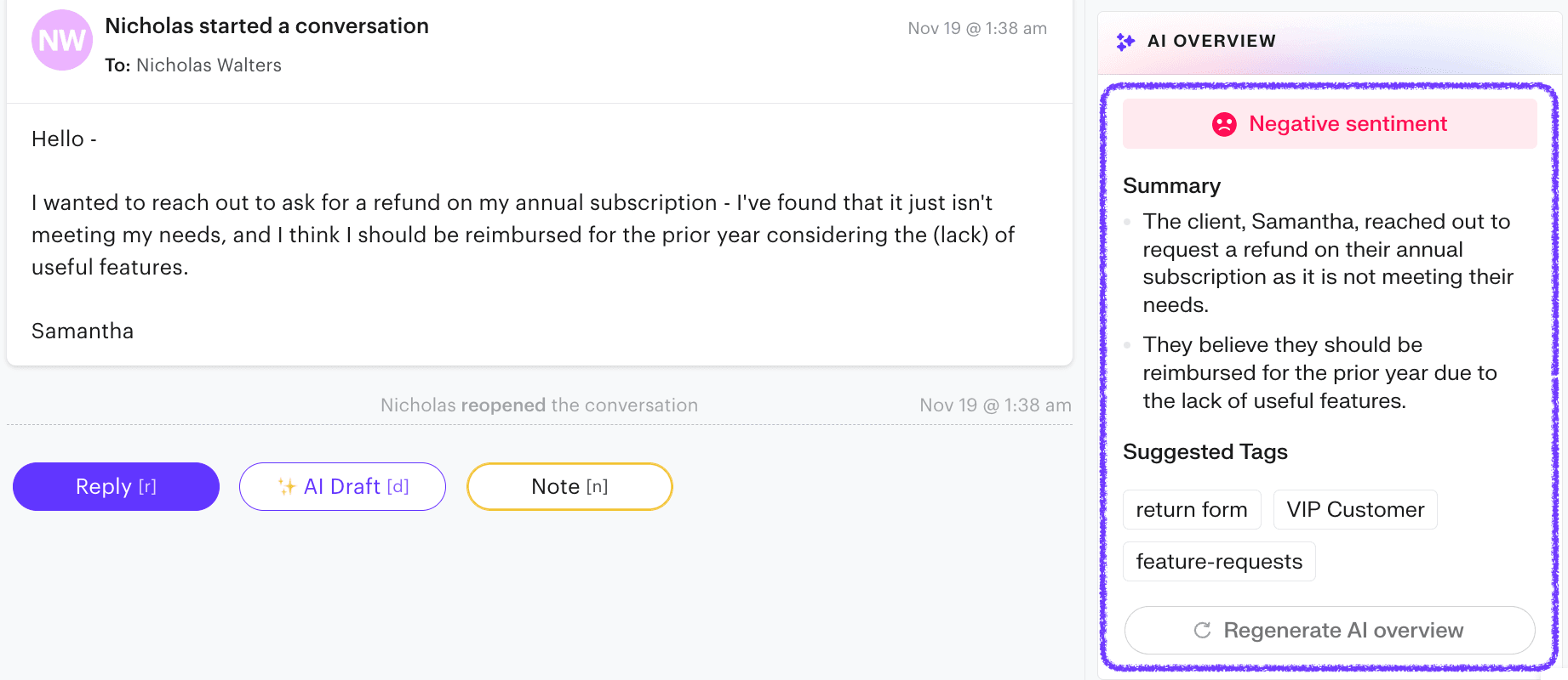 Groove's sentiment analysis feature for customer support agents