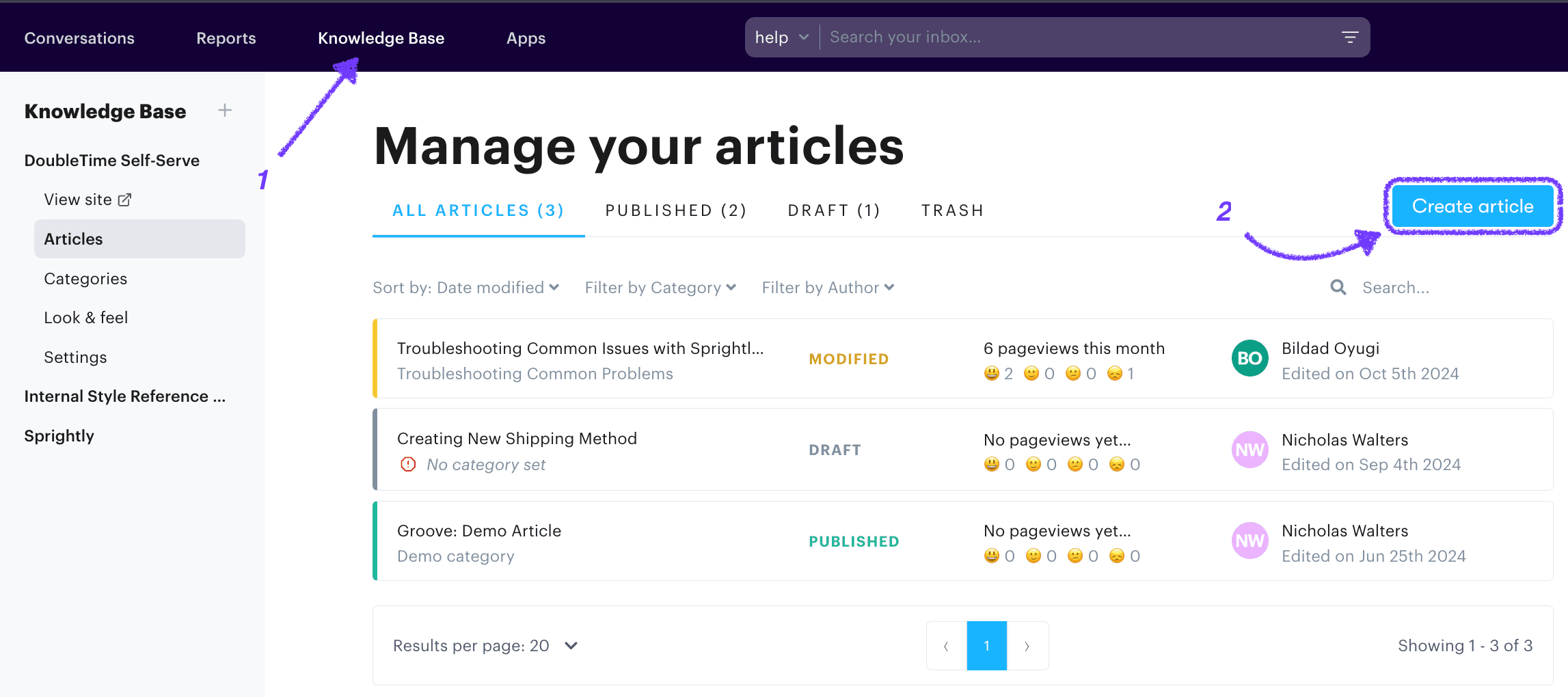 Setting up a knowledge base in the Groove SaaS helpdesk software.