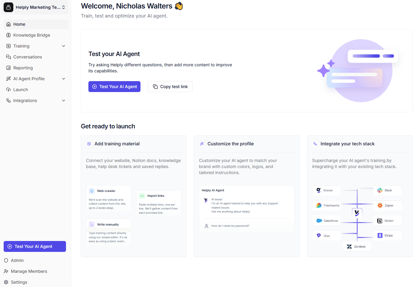 Helply dashboard where you can completely train, customize, and learn from your AI agent.
