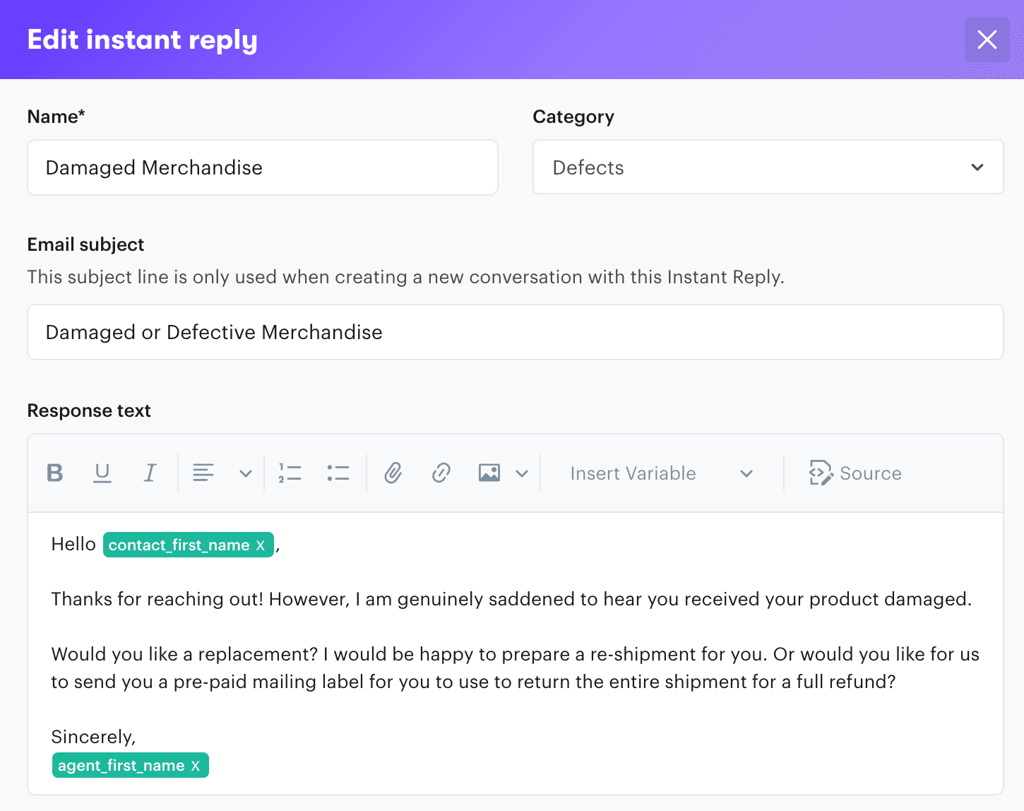 Instant replies in Groove allow you to create automated responses for common inquiries.