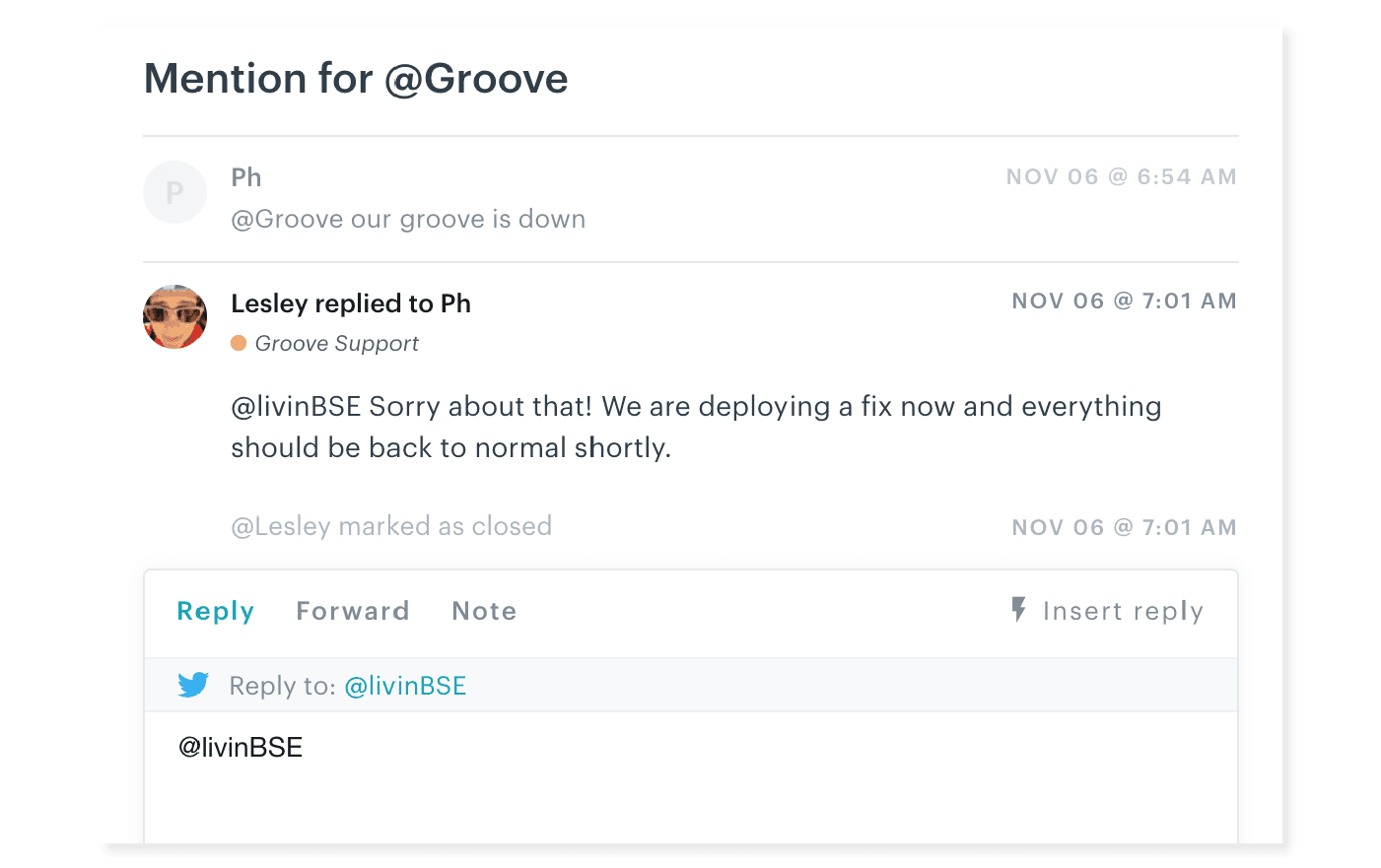 Example of using a ticketing system to respond via Teitter