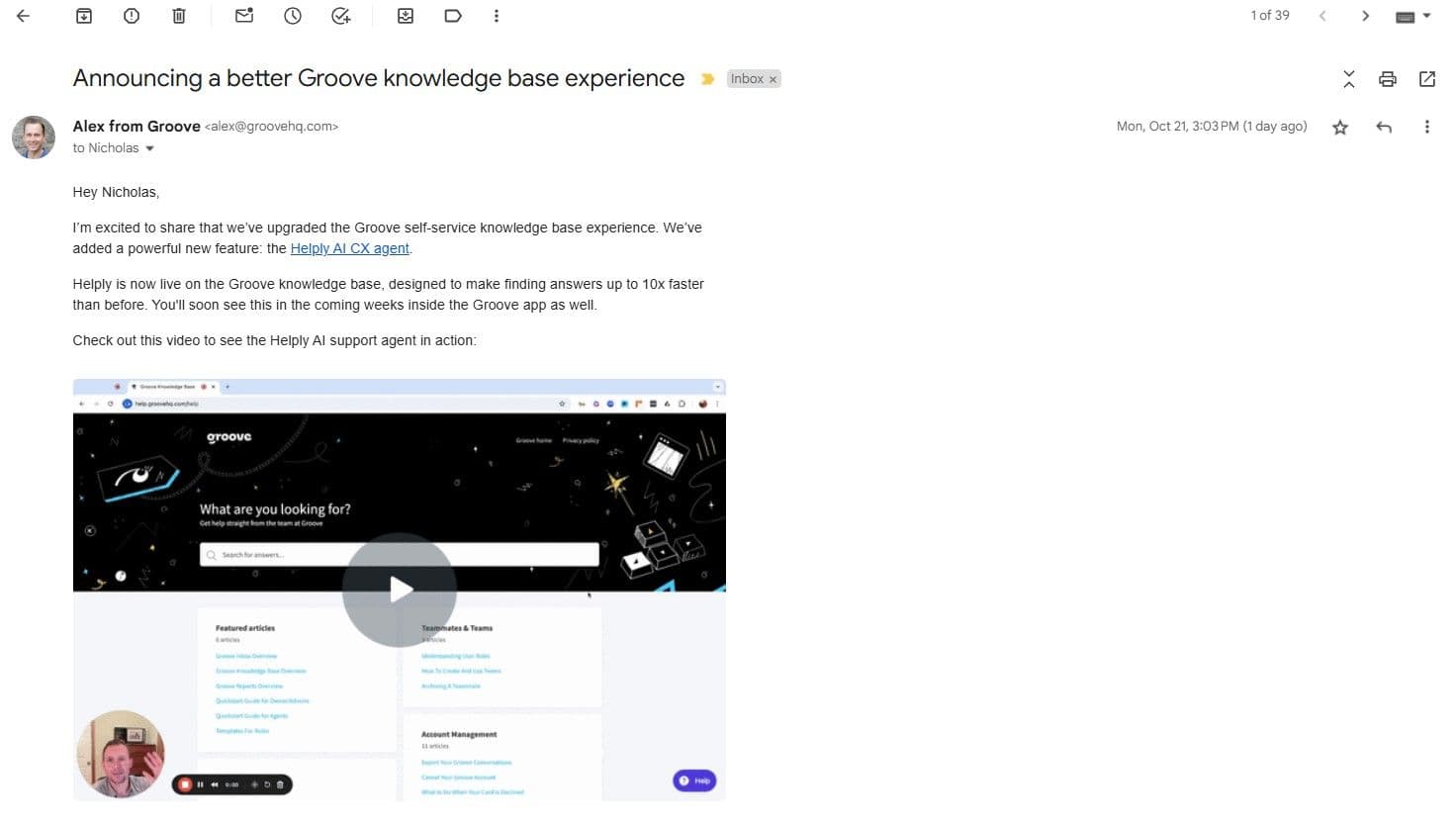 An email from the founder, Alex, describing the improved knowledge base experience on Groove.