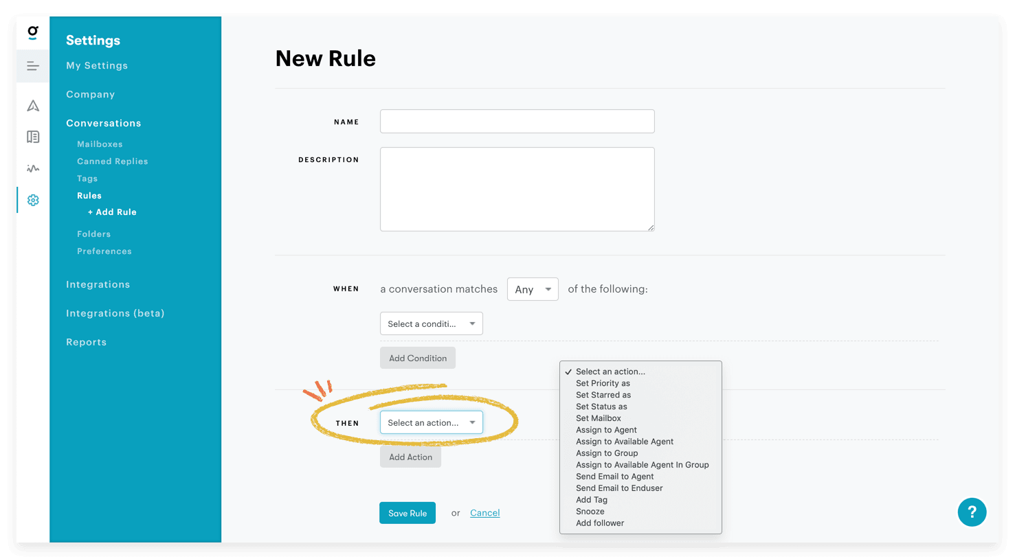 Help desk automation through triggered actions