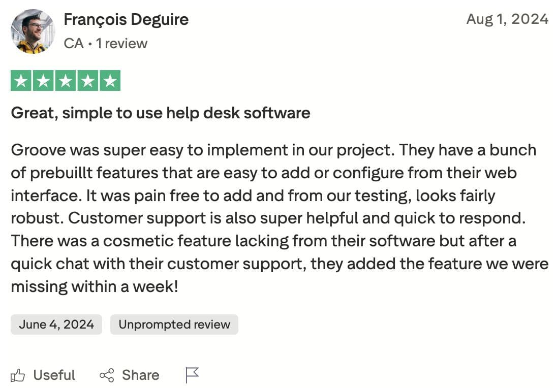 Groove HQ review by a customer who loves how Groove's support team respond to issues and address feedback quickly.
