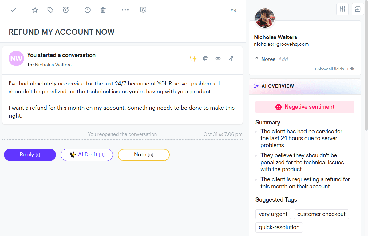 An example of a customer email, expressing discontent from lack of service.