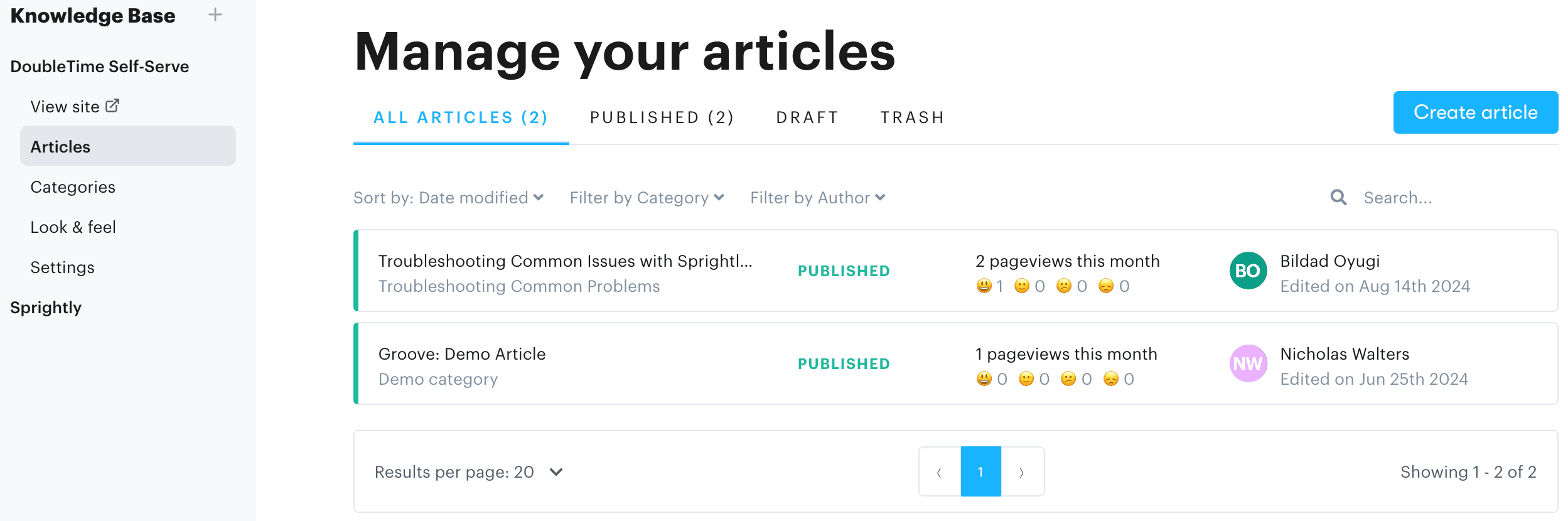 An example of a knowledge base created within Groove, where articles can be managed and published easily.