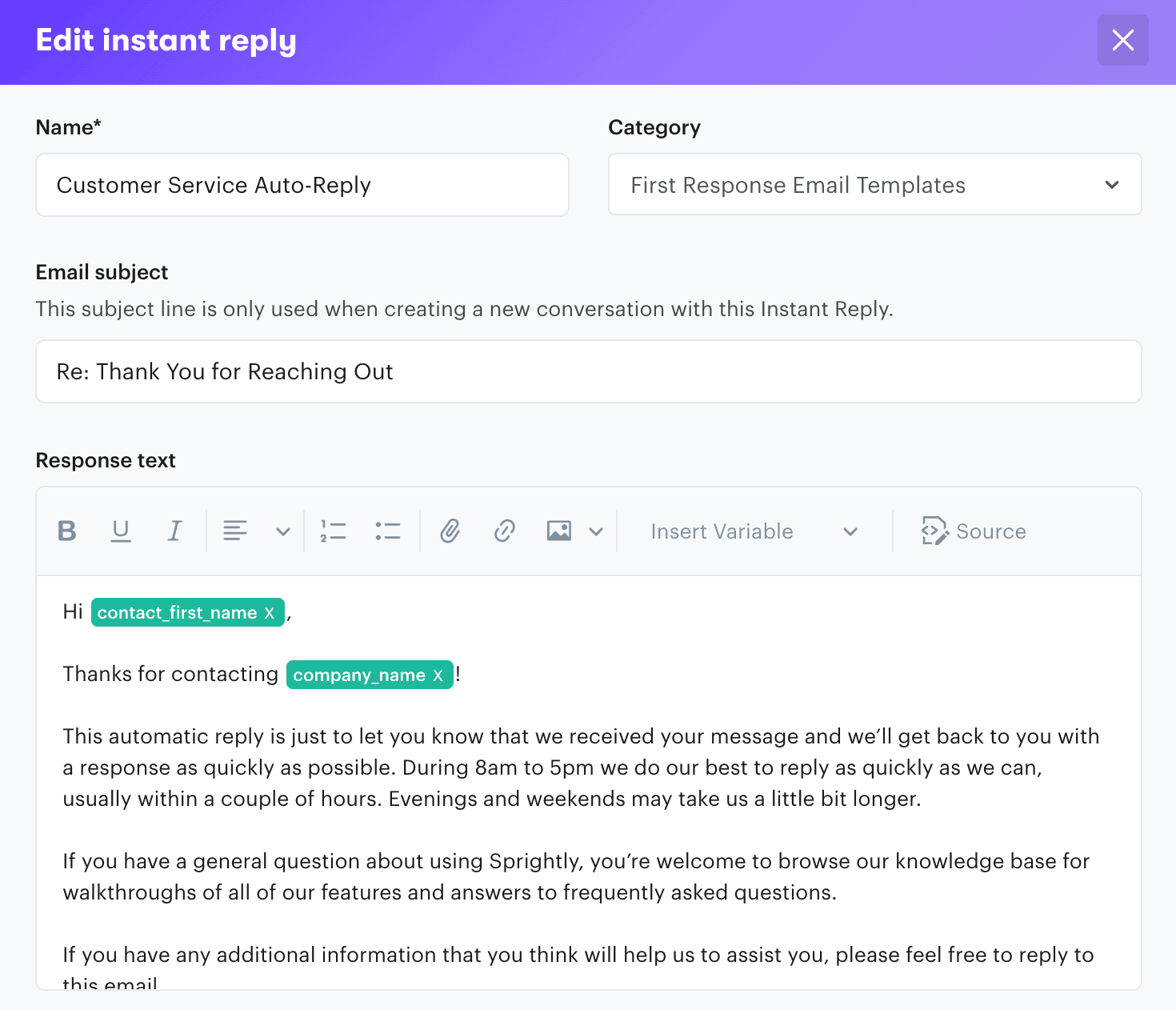An example of a canned responses or 'instant reply' within Groove that can improve customer service metrics.