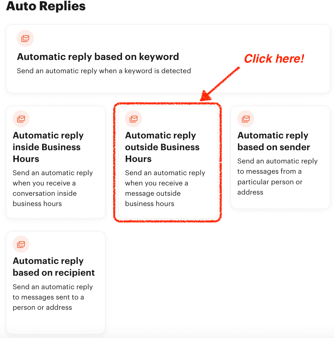 Screenshot showing how to set up Automatic Reply Outside Business Hours on Groove
