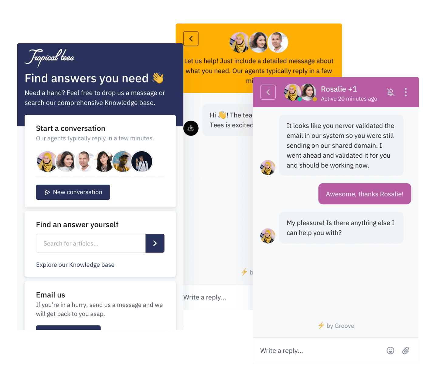 Examples of Groove's live chat feature.