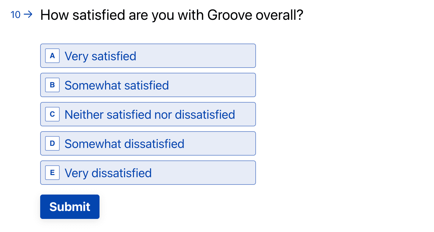 An example of a Groove multiple choice survey questionnaire.