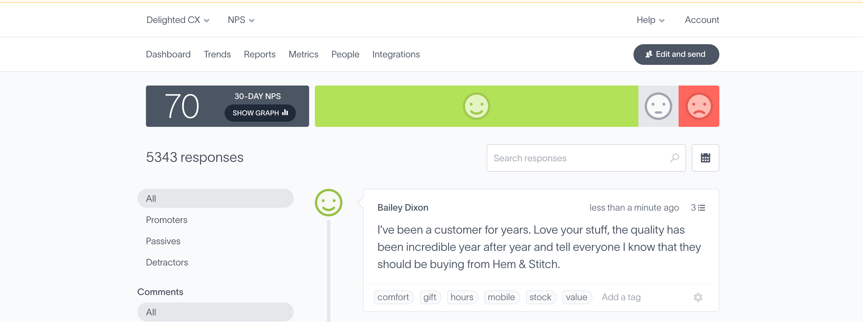 Delighted's NPS dashboard allows you to track the results of a survey in real time for customer insight.