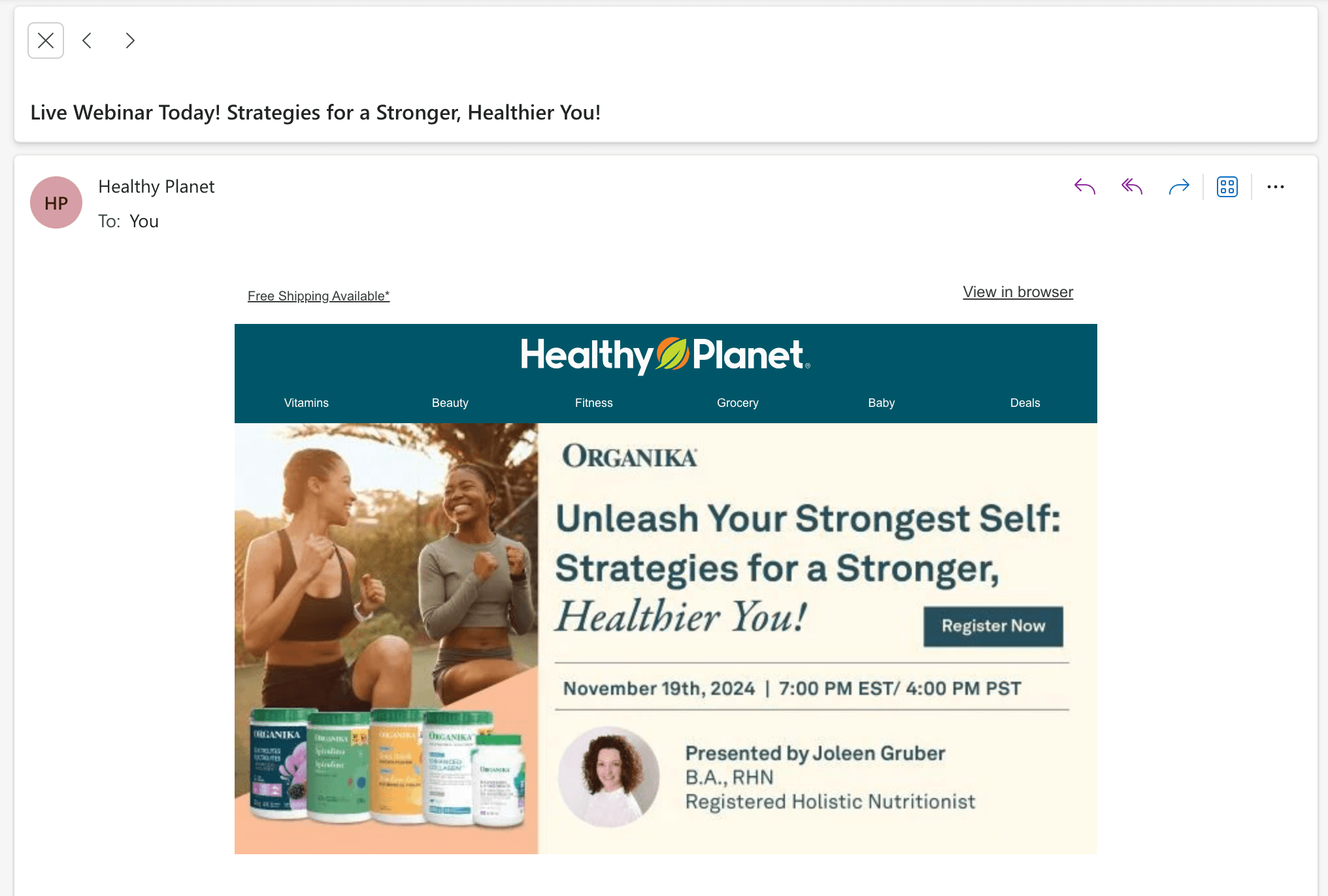 A webinar for Healthy Planet that targets a specific customer segment.