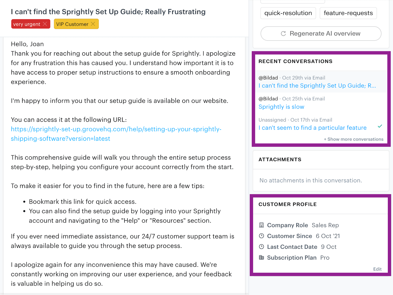 Groove allows for an omnichannel customer support experience by aggregating conversation history and creating a detailed customer profile.