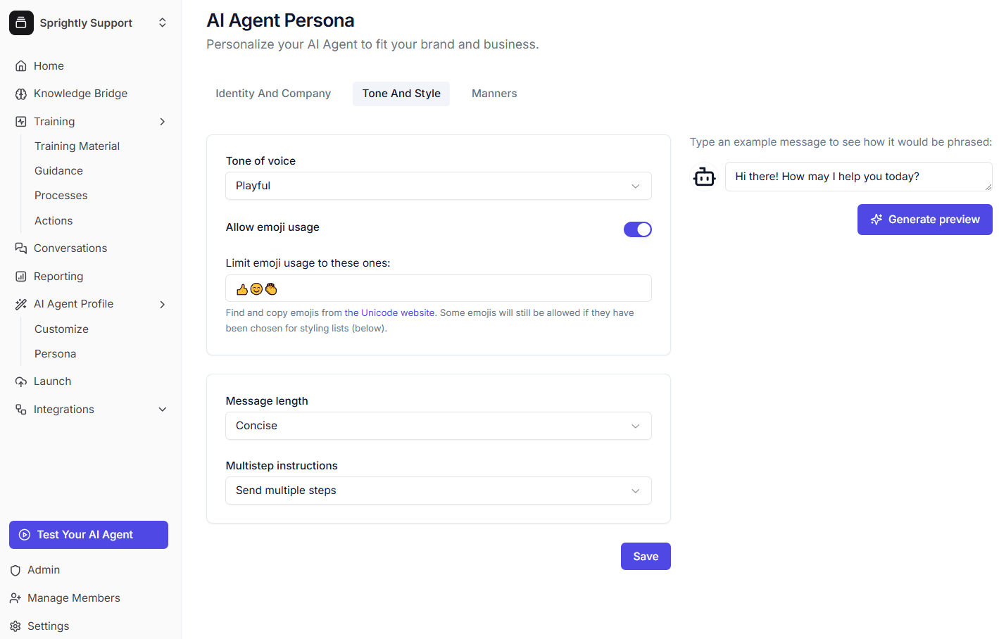 AI agent "persona" in Helply allows you to tailor the style of AI agent response to align with brand voice.