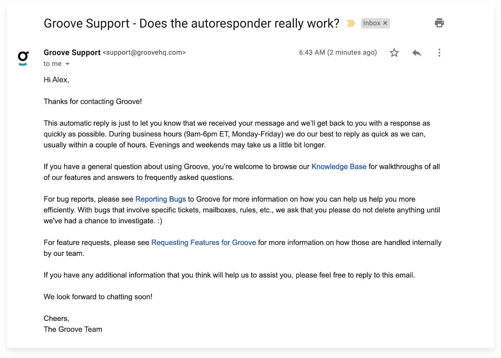 Example of a good support request autoresponder