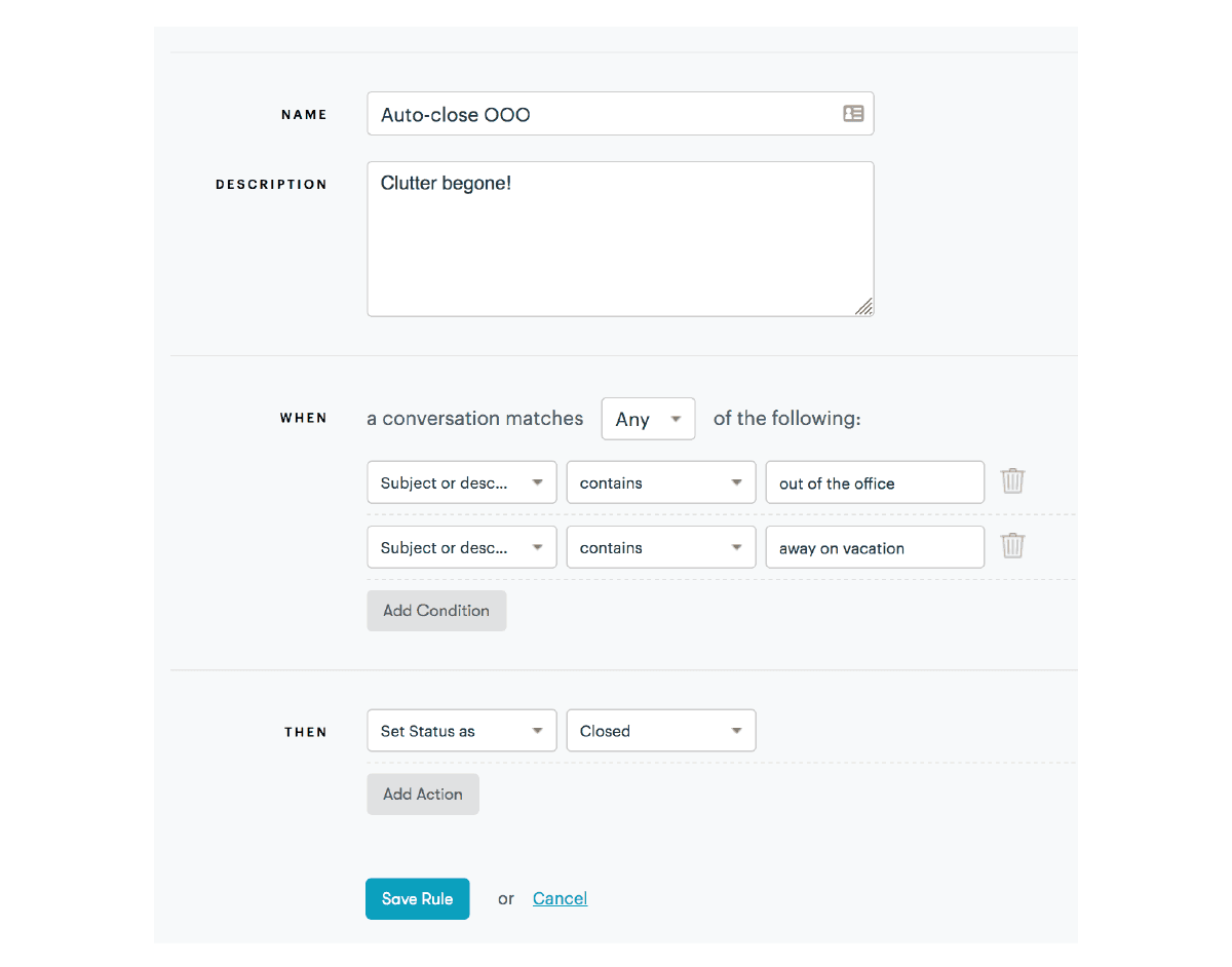 Gmail shared inbox lacks conditional rules to help you automate tasks unlike Groove's shared inbox.