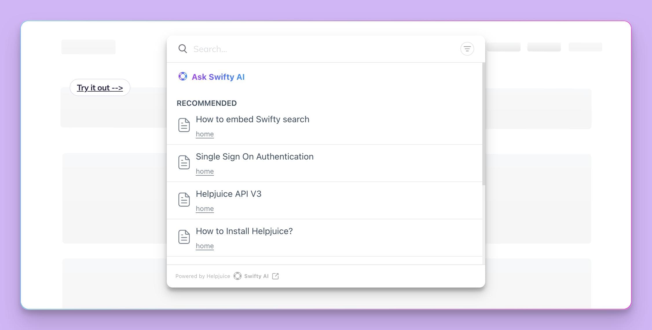 The "Ask Swifty AI" search interface within the Helpjuice AI knowledge base, displaying a list of recommended help articles.