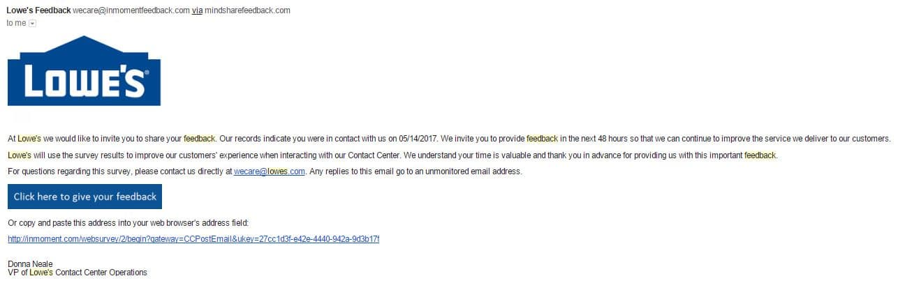 Example customer feedback request from Lowes after phone contact with their customer service department. (Click to see larger image)