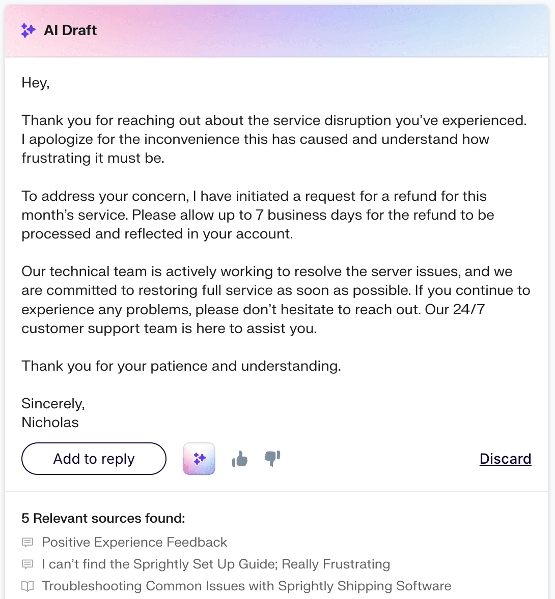 Groove's AI drafts are perhaps the most useful AI feature, and outputs generative text based upon prior replies or knowledge base data.