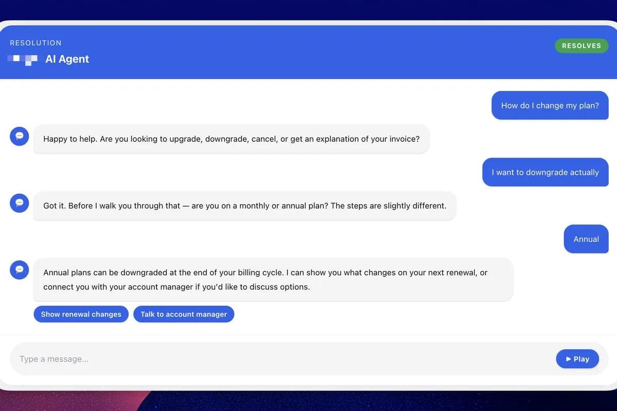 A chat interface showing a customer asking "How do I change my plan?" and receiving a clarifying question in return. After the customer says they want to downgrade, the agent asks whether they are on a monthly or annual plan. When the customer answers annual, the agent explains the billing cycle policy and offers two next steps: viewing renewal changes or speaking with an account manager.