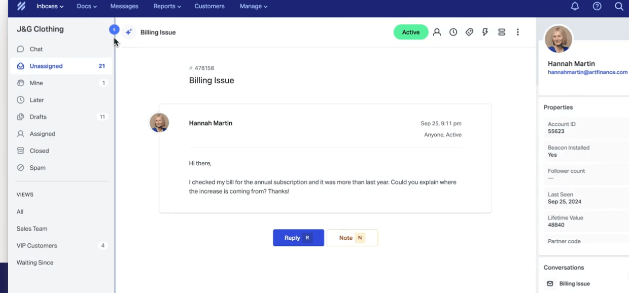 Help Scout's inbox that is heavily focused on email and live chat support