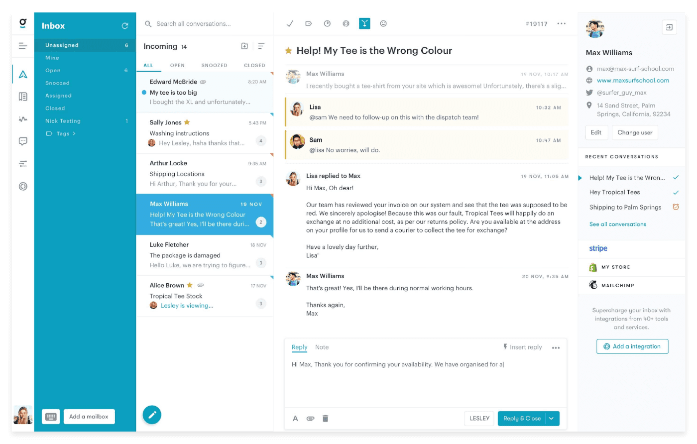 customer service software inbox example