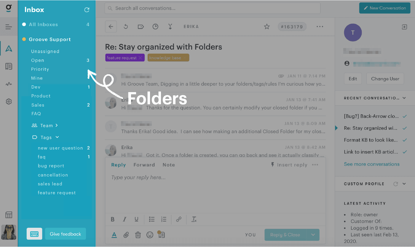 screenshot of how we use folders in groove for small business customer service