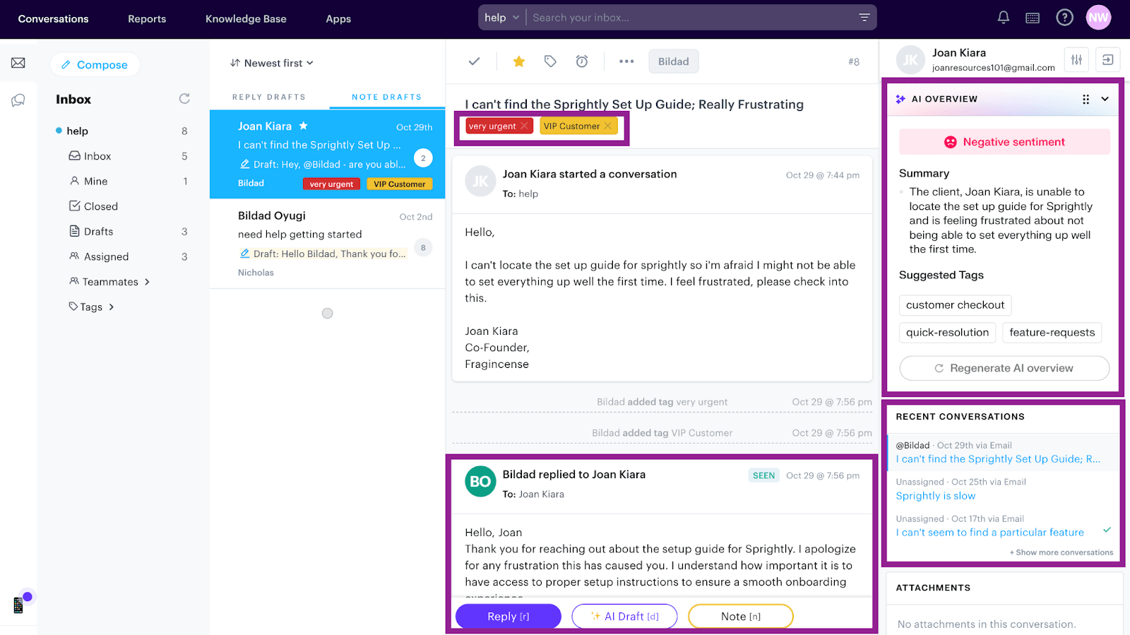 Groove's AI features and clean UI provide an immediate overview of customer inquiries.