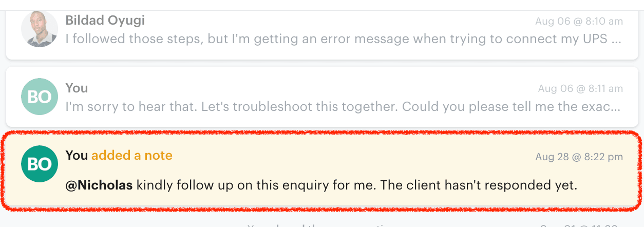 Screenshot of Groove's Shared Inbox interface showing the @mentions feature in an internal note