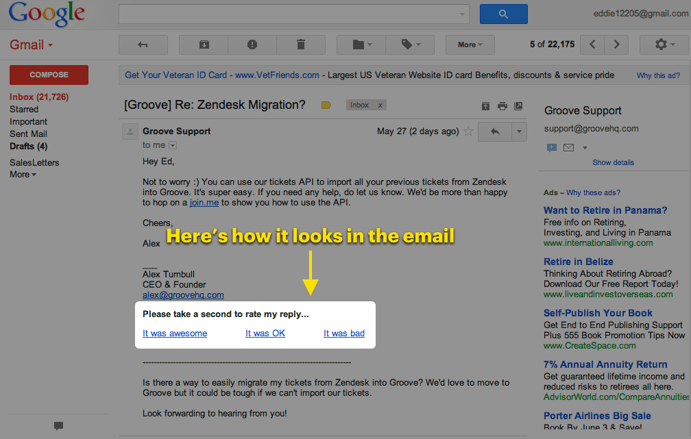 An example of a customer satisfaction survey in an email sent using Groove.