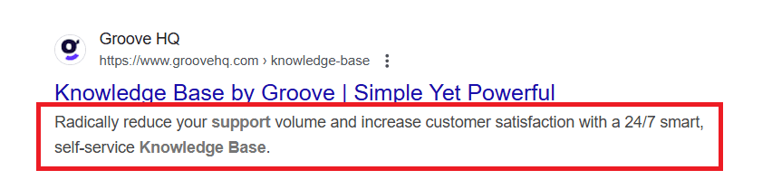 Example of meta-description of the Knowledge Base on the Groove website.