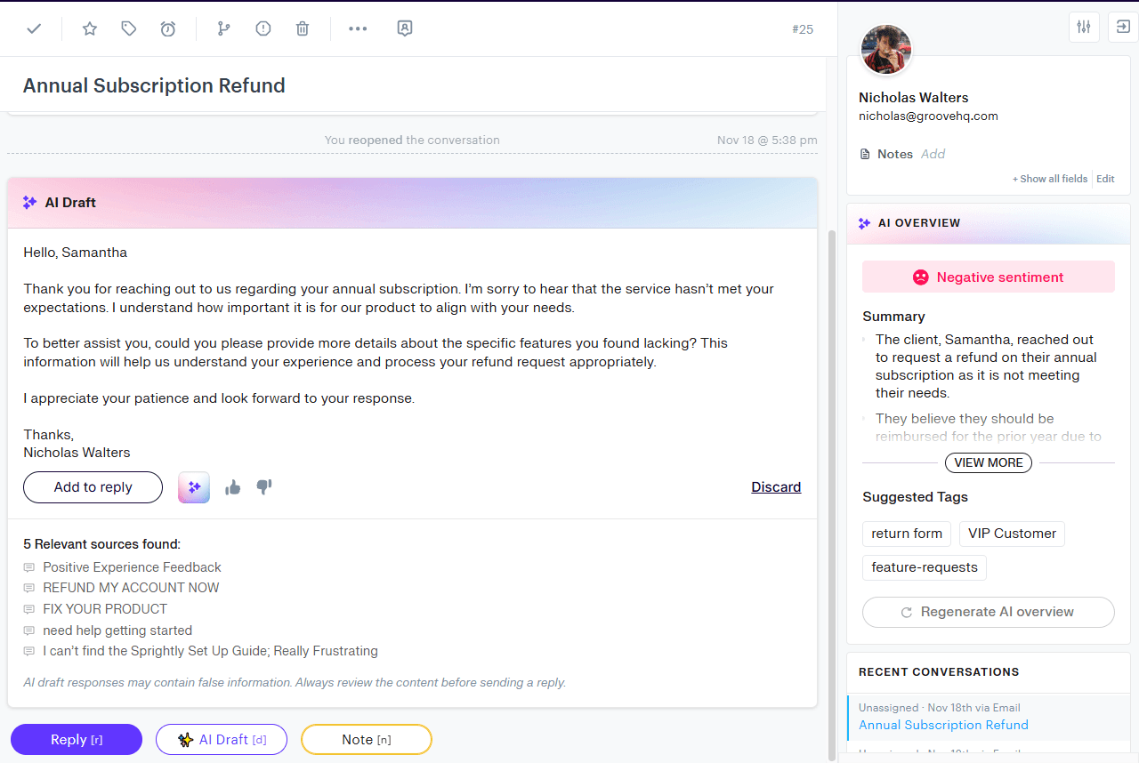 An AI draft as generated within Groove.