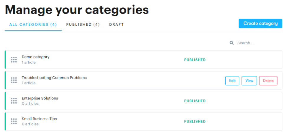 Categories can be efficiently created and managed within Groove to group Knowledge Base articles together around identified issues.