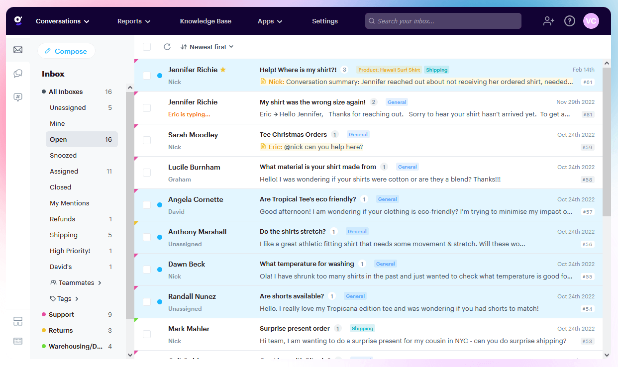 The Groove dashboard for managing customer support conversations.