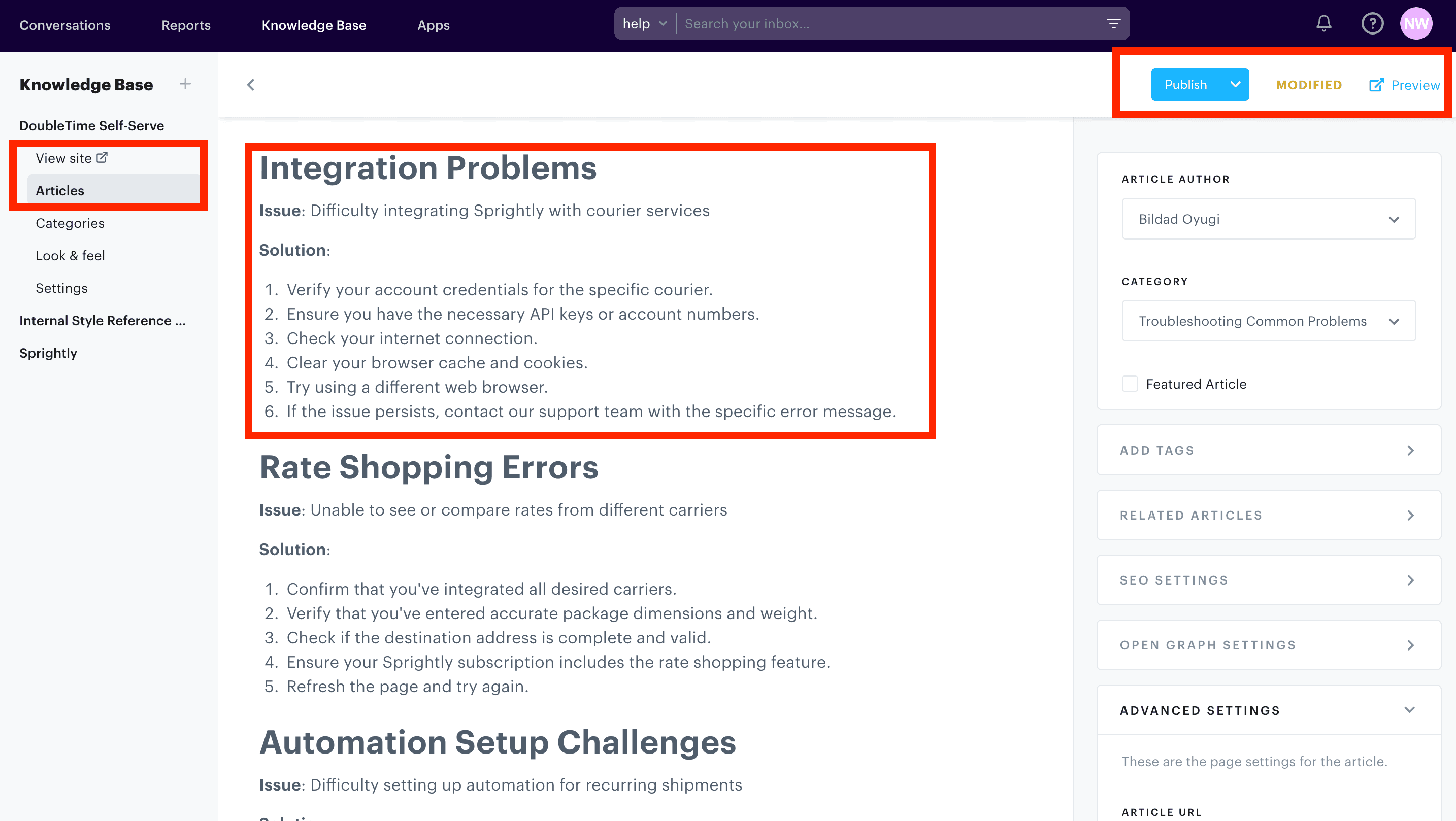 Groove's knowledge base acts as an internal self-service resource.