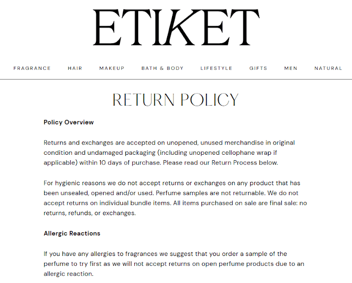 An example of a refund (and return) policy posted to a cosmetic brand's website.